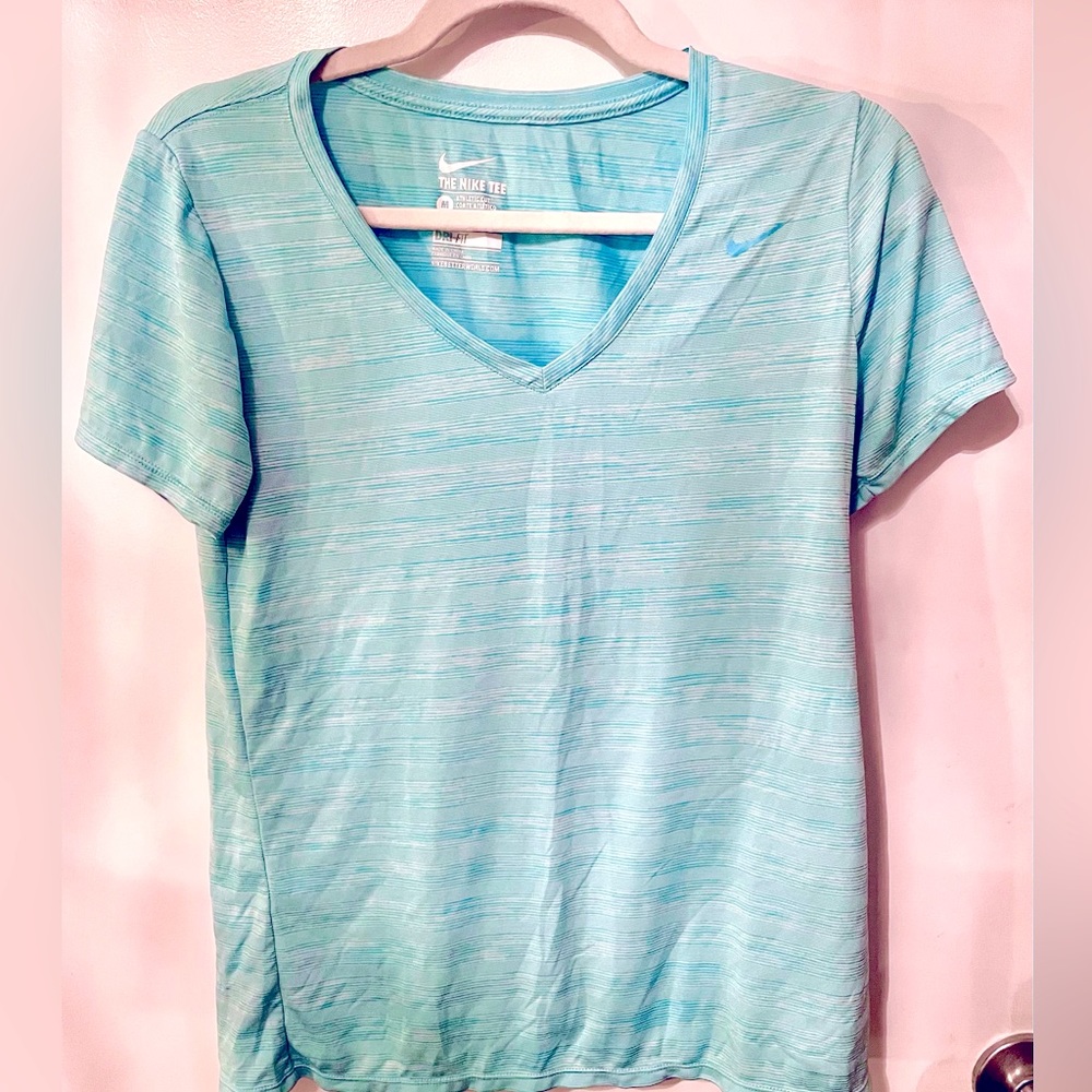 Nike Turquoise/Light Blue Dri Fit Sweat Wicking V-Neck Women’s T-Shirt | Nike